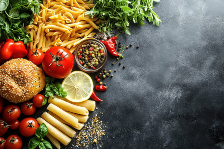 A colorful arrangement of fresh pasta, vegetables, spices, and herbs on a dark countertop.の写真素材