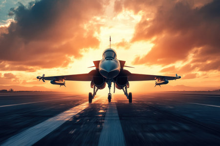 A fighter jet stands ready on the runway, illuminated by the vibrant sunset sky.の写真素材