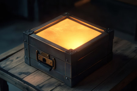 A beautifully crafted box emits a warm glow, placed on a wooden surface in a cozy, rustic environment.の写真素材
