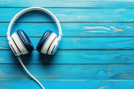 A pair of stylish headphones positioned on bright blue wooden planks, showing a clean design and colors.の写真素材