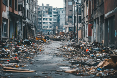 A desolate urban street is littered with trash, showing signs of neglect and decay in a gloomy atmosphere.の写真素材