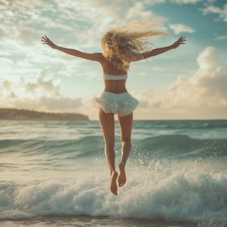 A young woman is jumping into ocean waves, enjoying the moment as the sun sets behind her.の写真素材