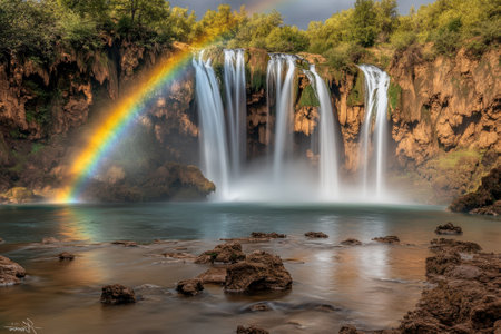 Majestic waterfalls flow into a tranquil pool, creating a stunning view with a vivid rainbow overhead.の写真素材