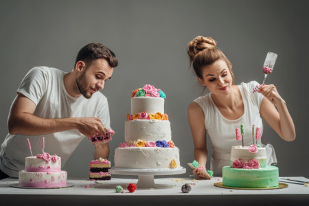 A couple is happily decorating vibrant cakes with icing and toppings in a contemporary studio, focused on their craft.の写真素材