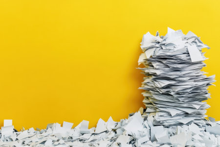 Stacks of crumpled and disorganized white paper are scattered on a vibrant yellow surface.の写真素材