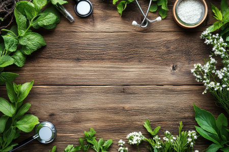 Herbs and essential oils surround medical tools on a wooden table, showing natural healing ingredients.の写真素材