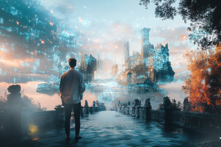 A person gazes at a mystical castle hovering in the sky, surrounded by digital elements and vibrant colors.の写真素材