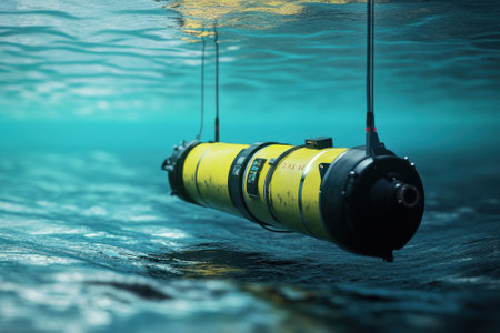 A bright yellow underwater device floats effortlessly, showing advanced technology in clear water.の写真素材