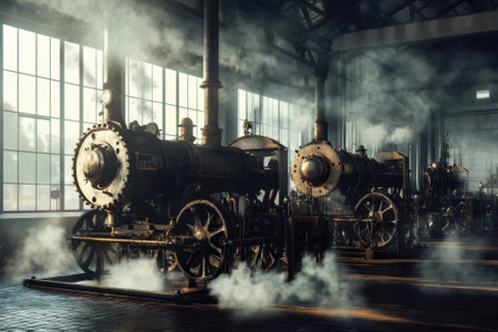 Several vintage steam locomotives are lined up in a train depot, surrounded by swirling steam and light.の写真素材
