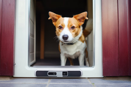 A small dog peers curiously through a pet door while inside a cozy home, ready to explore outdoors.の写真素材