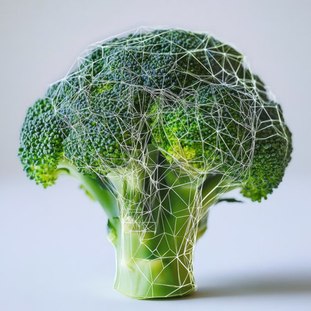 A vibrant green broccoli is displayed with a geometric design overlay, showcasing art and nature together.の写真素材