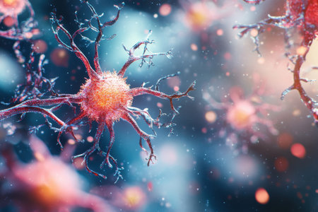 Neurons are shown interacting within a dynamic and colorful environment, illustrating brain activity.の写真素材