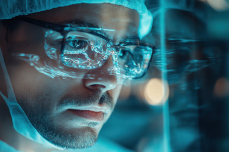 A scientist analyzes a luminescent data display while wearing glasses and a lab coat in a dark laboratory.の写真素材