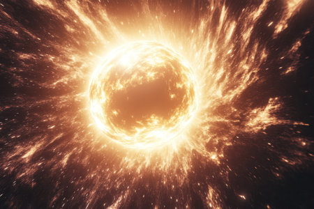 A vibrant explosion of solar energy radiates outward, illuminating the darkness of deep space with intense light.の写真素材