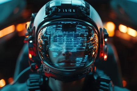 A pilot focuses on a complex digital interface inside a spacecraft cockpit, showing modern technology.の写真素材