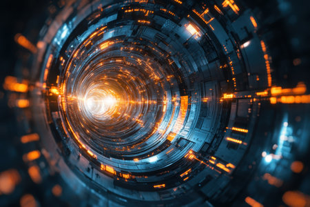 A mesmerizing spiral tunnel filled with vibrant lights and glowing patterns, illustrating a futuristic design.の写真素材