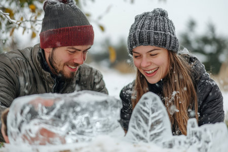 A couple enthusiastically carves an ice sculpture in a snowy environment, enjoying their winter activity.の写真素材