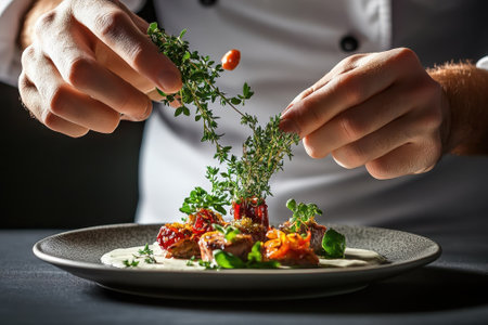 A chef skillfully garnishes a plated dish with fresh herbs in a fine dining establishment.の写真素材