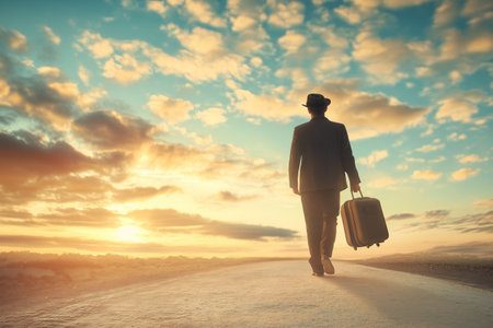 A traveler strides down a quiet road, suitcase in hand, against a colorful sunset sky.の写真素材