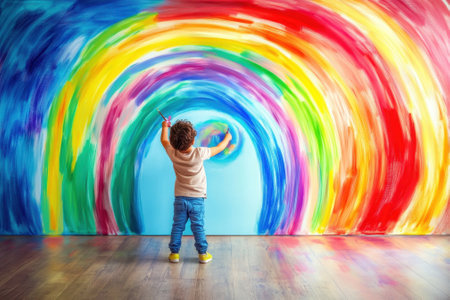 A child with curly hair joyfully paints a vibrant rainbow on a blue wall in a sunny room.の写真素材