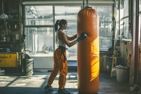 A woman in orange pants engages with a punching bag in a sunlit gym, focusing on her technique and strength.の写真素材