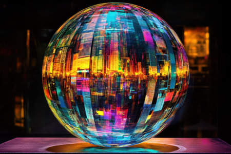 A colorful sphere captures the essence of city lights with dynamic reflections during nighttime.の写真素材