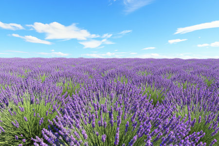 Vibrant lavender blooms stretch across vast fields under a clear blue sky, showcasing springtime beauty.の写真素材