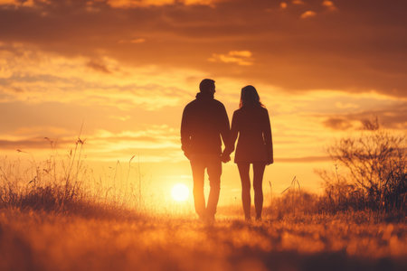 A couple strolls together while holding hands, enjoying a beautiful sunset in the countryside.の写真素材