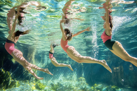 Swimmers glide through crystal clear water, showing synchronized movements and joyful expressions.の写真素材