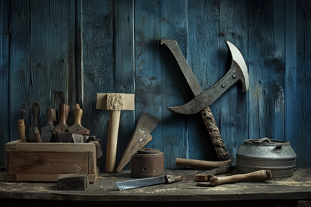 Various woodworking tools are neatly placed on a wooden surface, showcasing craftsmanship and history.の写真素材
