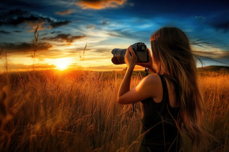 A person stands in tall grass, holding a camera, focused on a stunning sunset over the horizon.の写真素材
