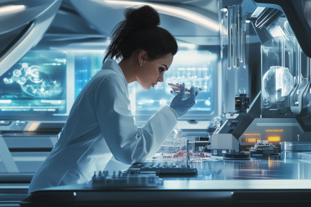 A researcher analyzes samples in a futuristic lab filled with advanced technology and equipment.の写真素材