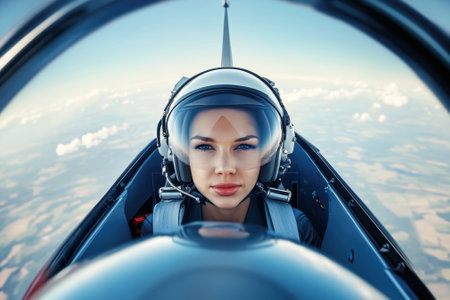 A skilled female pilot sits focused in her cockpit, navigating a stunning blue sky during flight.の写真素材
