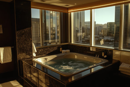 A modern hotel bathroom has a bathtub, sleek black marble, and large windows with a sunset view.の写真素材