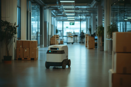 A delivery robot moves down a spacious office corridor filled with boxes and plants.の写真素材