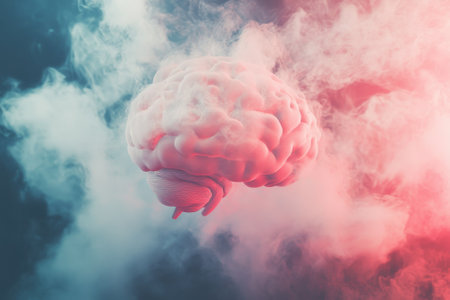A brain appears to float among vibrant clouds of colored smoke, creating an imaginative atmosphere.の写真素材