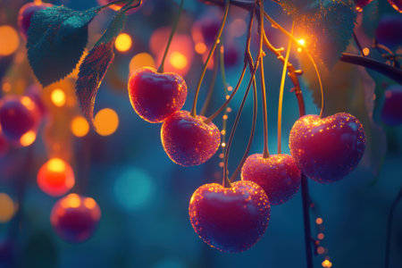 Bunch of cherries hanging from branches illuminated by warm, soft lights during twilight.の写真素材