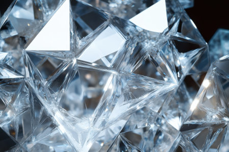 Close-up of complex crystal shapes showcasing sharp angles and light reflections creating a stunning visual effect.の写真素材