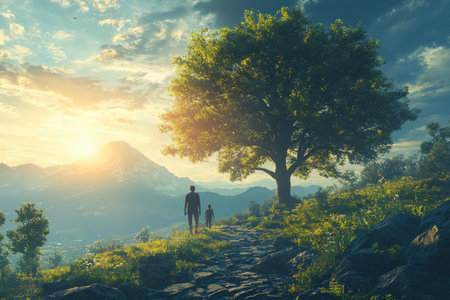 Two individuals stroll on a stone path next to a large tree as the sun sets behind the mountains.の写真素材