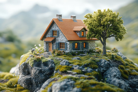 A quaint stone cottage features a red-tiled roof, nestled on a rocky hill with vibrant greenery nearby.の写真素材