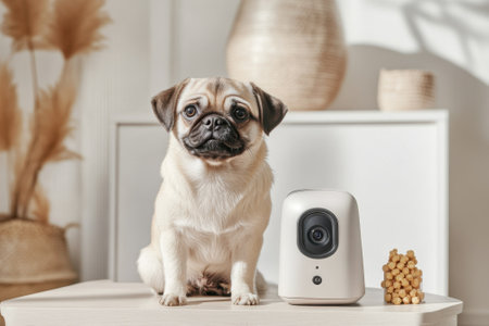 A pug dog sits happily next to a smart home camera in a bright and cozy living room while sunlight streams in.の写真素材