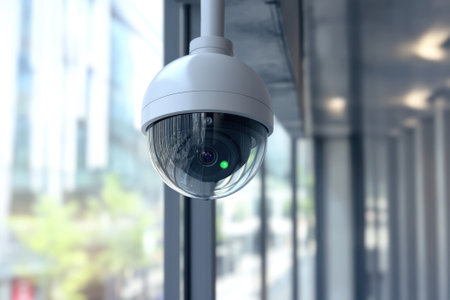 The surveillance camera is mounted on the ceiling, observing the interior of a contemporary space.の写真素材