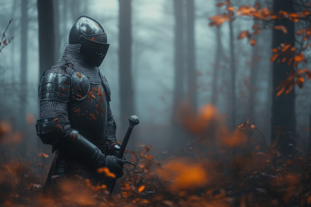 A solitary knight in armor holds a sword, surrounded by fog and vibrant autumn leaves in a dense forest.の写真素材