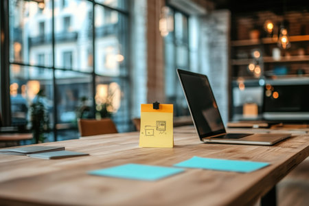 A modern office workspace showcases a laptop and colorful sticky notes on a wooden table under natural light.の写真素材