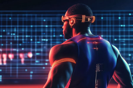 Muscular athlete wearing a high-tech headset prepares for a training session, surrounded by digital data displays.の写真素材