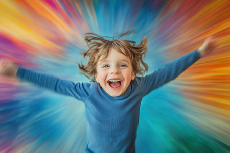 A young child with a big smile celebrates joy, arms raised, against a vibrant, swirling backdrop.の写真素材