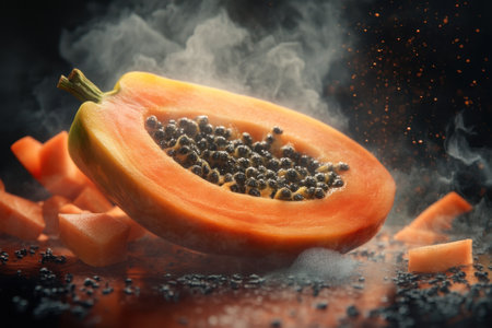 Bright orange papaya half shows juicy flesh and seeds surrounded by scattered pieces on dark wood.の写真素材
