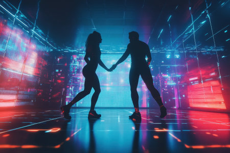 Two dancers hold hands and move gracefully in a high-tech environment filled with vibrant lights.の写真素材