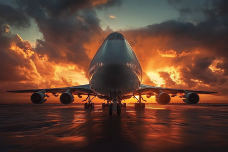 A large airplane stands on the runway ready for takeoff, illuminated by a vibrant sunset and colorful clouds.の写真素材