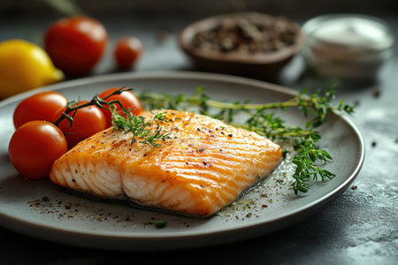 A delectable salmon fillet is garnished with cherry tomatoes and fresh herbs on a rustic plate.の写真素材